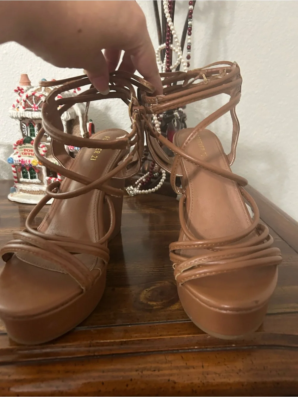 Forever 21 Tan Faux Leather Strappy Platform Wedge Sandals, Size 7.5